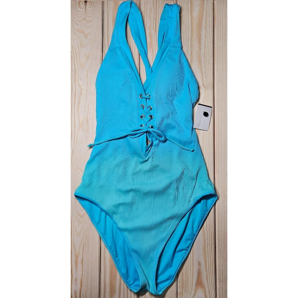 Becca One-Piece Swimsuit Ribbed Texture Halter Turquoise Ombre Blue Swimwear M
